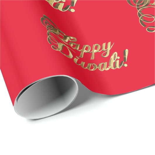 Papier Cadeau Joyeux Diwali Élégant Faux Typographie Or Rouge (Coin rond)