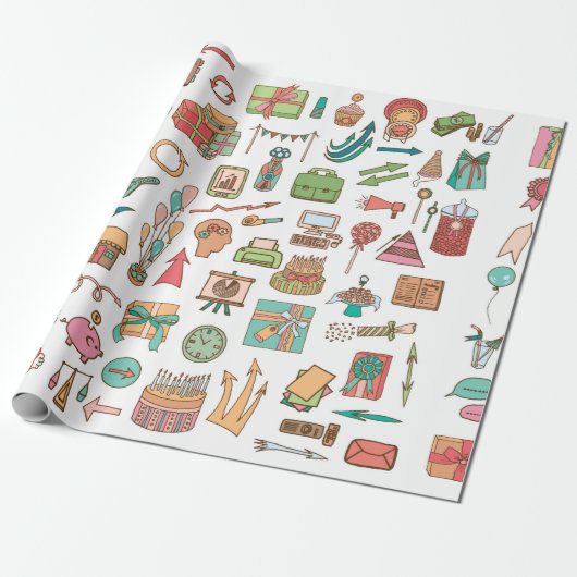 Papier Cadeau Joyeux éléments de bureau d'anniversaire dans croq (Déroulé)