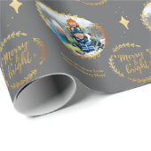 Papier Cadeau Joyeux et lumineux avec photo personnalisée - Or e (Coin rond)