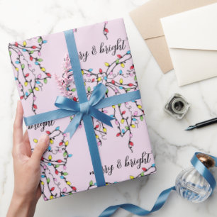 Papier Cadeau Joyeux Et Lumineux Ruban Éclairage De Noël Rose