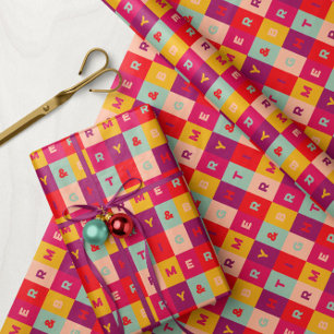 Papier Cadeau Joyeux et lumineux type coloré motif de carrés