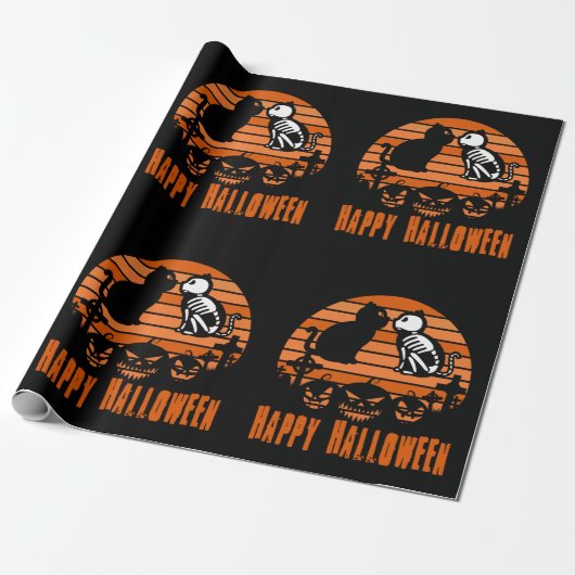 Papier Cadeau Joyeux Halloween Skeleton Chat Retro Sunset (Déroulé)