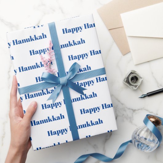 Papier Cadeau Joyeux Hanoukka blanc et bleu motif moderne (Cadeaux)