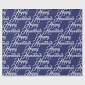 Papier Cadeau Joyeux Hanoukka marine bleu et blanc élégant scrip (Plat)