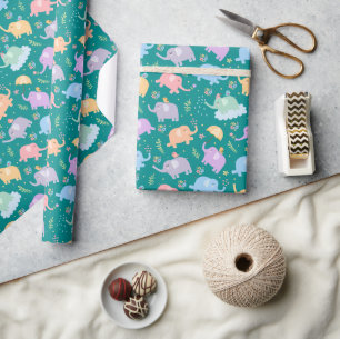 Papier Cadeau Joyeux Jardin des éléphants avec Parapluies Fleurs