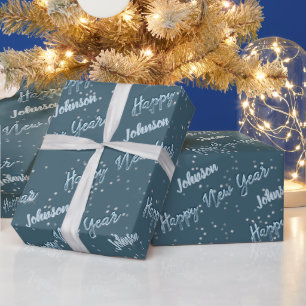 Papier Cadeau Joyeux Jour de l'An Golden Script Blue Celesty Gre