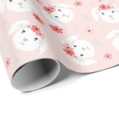 Papier Cadeau Joyeux Lapin de Pâques Fleur Couronne rose (Coin rond)