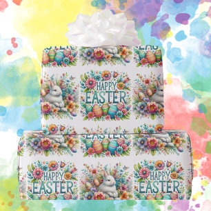 Papier Cadeau Joyeux Lapin de Pâques Fleurs Vivides Oeufs Filles