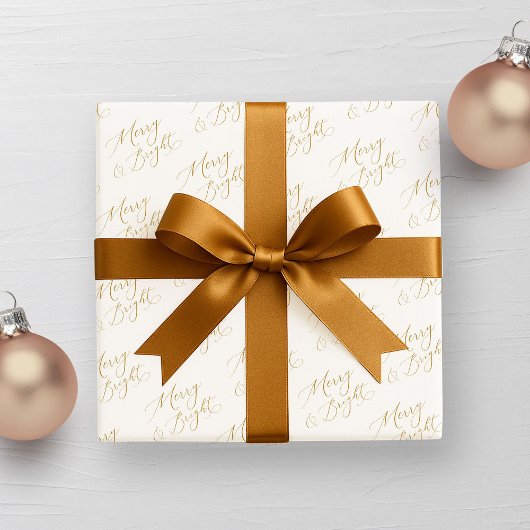 Papier Cadeau Joyeux & Lumineux Or Script Noël