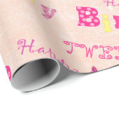 Papier Cadeau Joyeux mignon 12e anniversaire rose jaune (Coin rond)