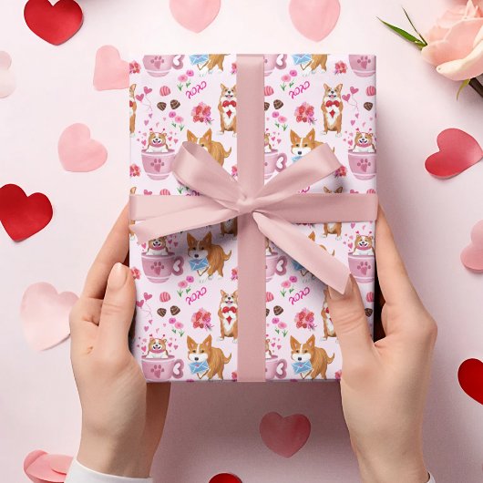 Papier Cadeau Joyeux Motif de la Saint Valentin de Corgi