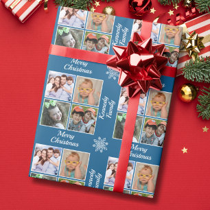 Papier Cadeau Joyeux Noël 4 Collage Photo Nom de famille Bleu
