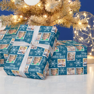 Papier Cadeau Joyeux Noël 4 Photos Flocon de Neige Noël Bleu