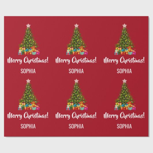 Papier Cadeau Joyeux Noël Arbre Baubles Lumières Personnalisé (Plat)