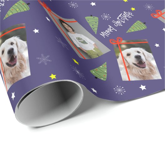 Papier Cadeau Joyeux Noël Arbre Étoiles Snowflakes 2 Photos (Coin rond)