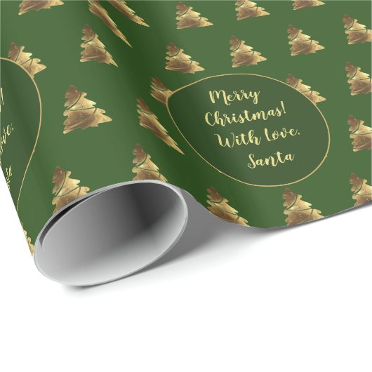 Papier Cadeau Joyeux Noël Arbre Motif Vert Faux Or Brown (Coin rond)