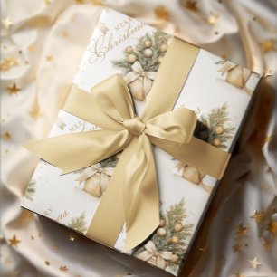 Papier Cadeau Joyeux Noël Arbre Or Beige Calligraphie