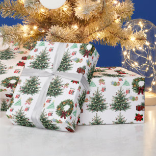 Papier Cadeau Joyeux Noël Arbre Répétitif Couronne Poinsettia