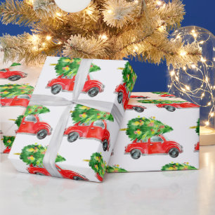 Papier Cadeau Joyeux Noël Arbre Rouge Ferme Truck Holiday