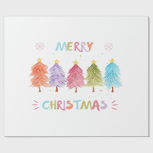 Papier Cadeau Joyeux Noël Arbres Colorés Essentiel