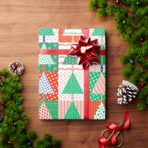 Papier Cadeau Joyeux Noël Arbres de Noël Modernes en Patchwork