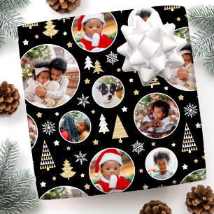 Papier Cadeau Joyeux Noël Arbres Snowflakes Photo Black