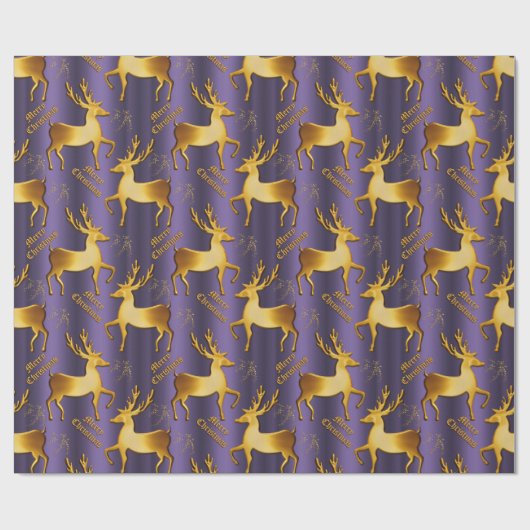 Papier Cadeau Joyeux Noël aux rennes pourpres et dorés (Plat)