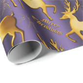 Papier Cadeau Joyeux Noël aux rennes pourpres et dorés (Coin rond)