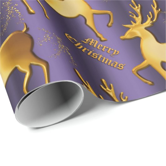 Papier Cadeau Joyeux Noël aux rennes pourpres et dorés (Coin rond)