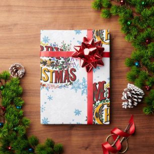 Papier Cadeau Joyeux Noël avec flocons de neige bleu glace