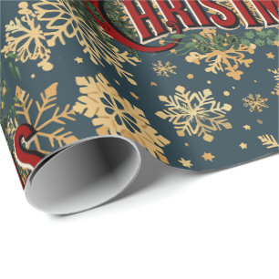 Papier Cadeau Joyeux Noël avec flocons de neige en or vintage