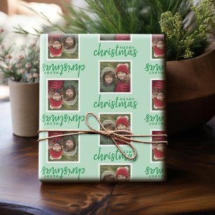 Papier Cadeau Joyeux Noël avec une photo Carré blanc vert