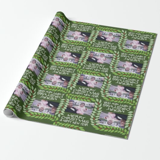 Papier Cadeau Joyeux Noël avec une photo horizontale - vert (Déroulé)