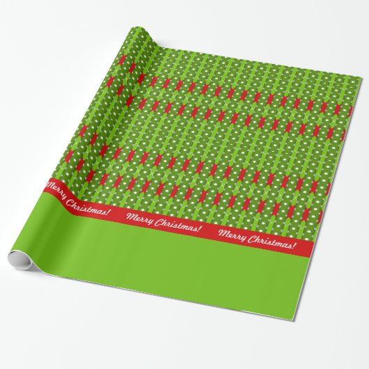 Papier Cadeau Joyeux Noël! Bandes de Jacquard rouge et vert pers (Déroulé)