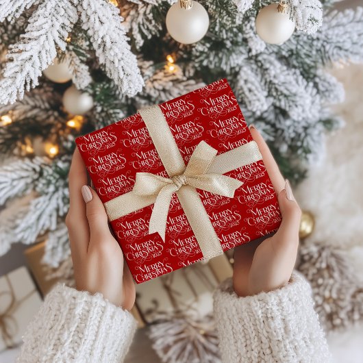 Papier Cadeau Joyeux Noël blanc Festif Retro Typographie