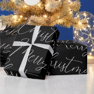 Papier Cadeau Joyeux Noël blanc texte manuscrit, noir