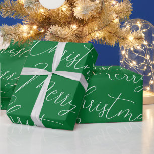 Papier Cadeau Joyeux Noël blanc texte manuscrit, vert