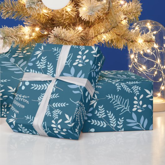 Papier Cadeau Joyeux Noël Bleu Botanique d'hiver (Vacances)
