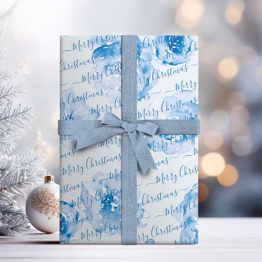 Papier Cadeau Joyeux Noël bleu personnalisé Script floral
