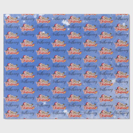 Papier Cadeau Joyeux Noël bleu Script Nom Customisé (Plat)