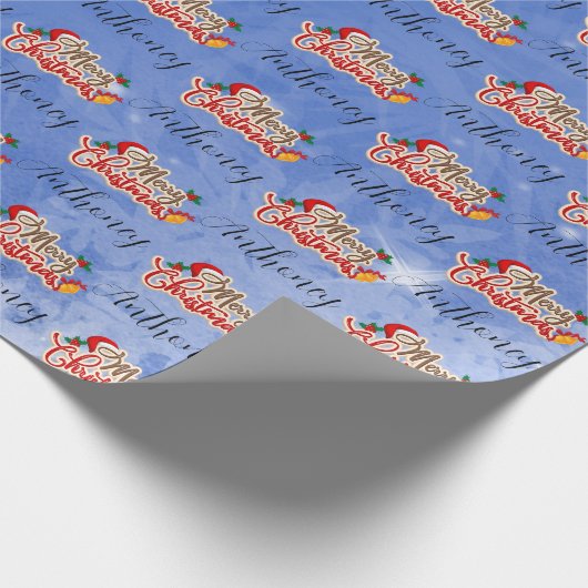 Papier Cadeau Joyeux Noël bleu Script Nom Customisé (Coin)