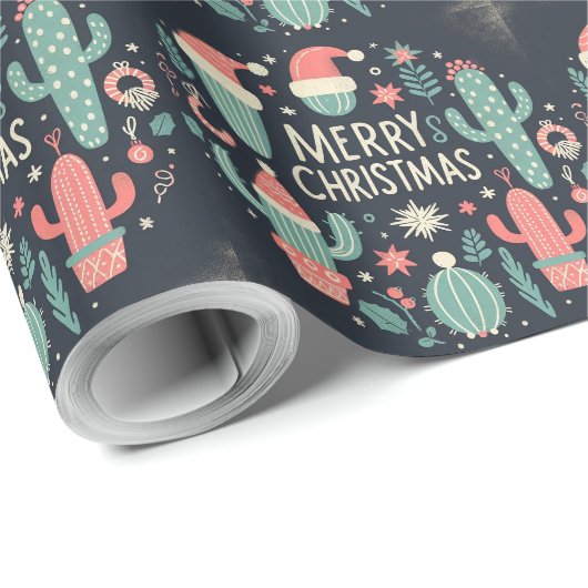 Papier Cadeau Joyeux Noël cactus en pot Santa (Coin rond)