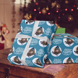 Papier Cadeau Joyeux Noël Calligraphie Photo Ronde Bleue