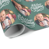 Papier Cadeau Joyeux Noël Calligraphie ronde photo verte (Coin rond)