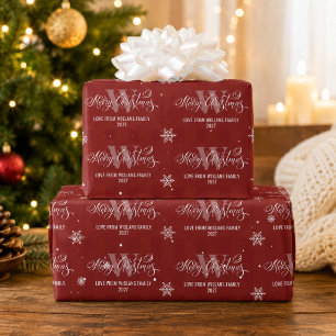 Papier Cadeau Joyeux Noël Calligraphie Rouge Monogramme Élégant