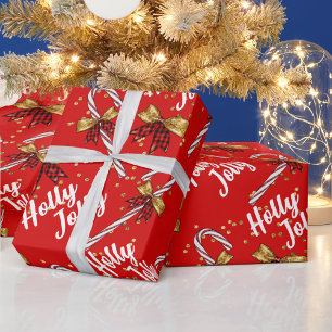 Papier Cadeau Joyeux Noël Canne à Sucre Rouge Rubans Dorés
