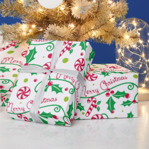 Papier cadeau Joyeux Noël Canne de bonbon en houx