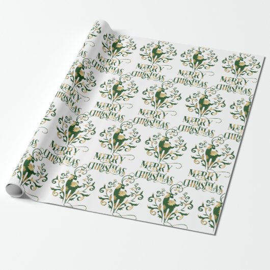 Papier Cadeau Joyeux Noël Cerf Or Vert Floral Moderne (Déroulé)