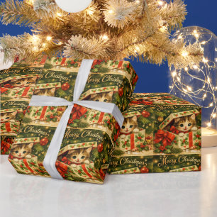 Papier Cadeau Joyeux Noël Chat Mignon dans une Boîte Cadeau