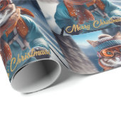 Papier Cadeau Joyeux Noël Chat ski (Coin rond)